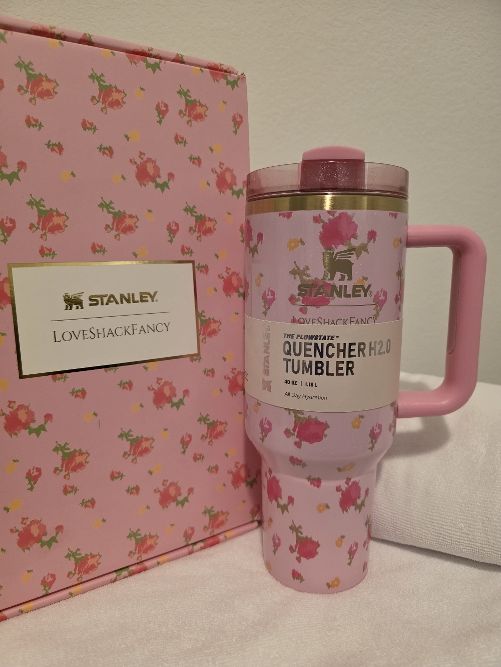 Stanley LoveShackFancy Sparkle Pink Floral & Gold Trim Quencher Tumbler 40 Oz